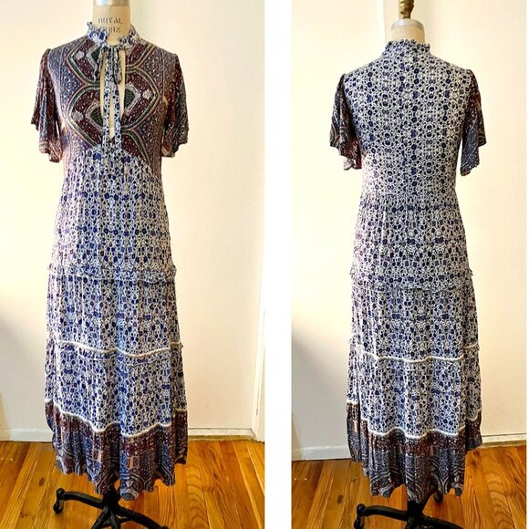JAASE flowy flutter sleeve, mixed print midi ”peasant” dress with crochet trim - Picture 1 of 6